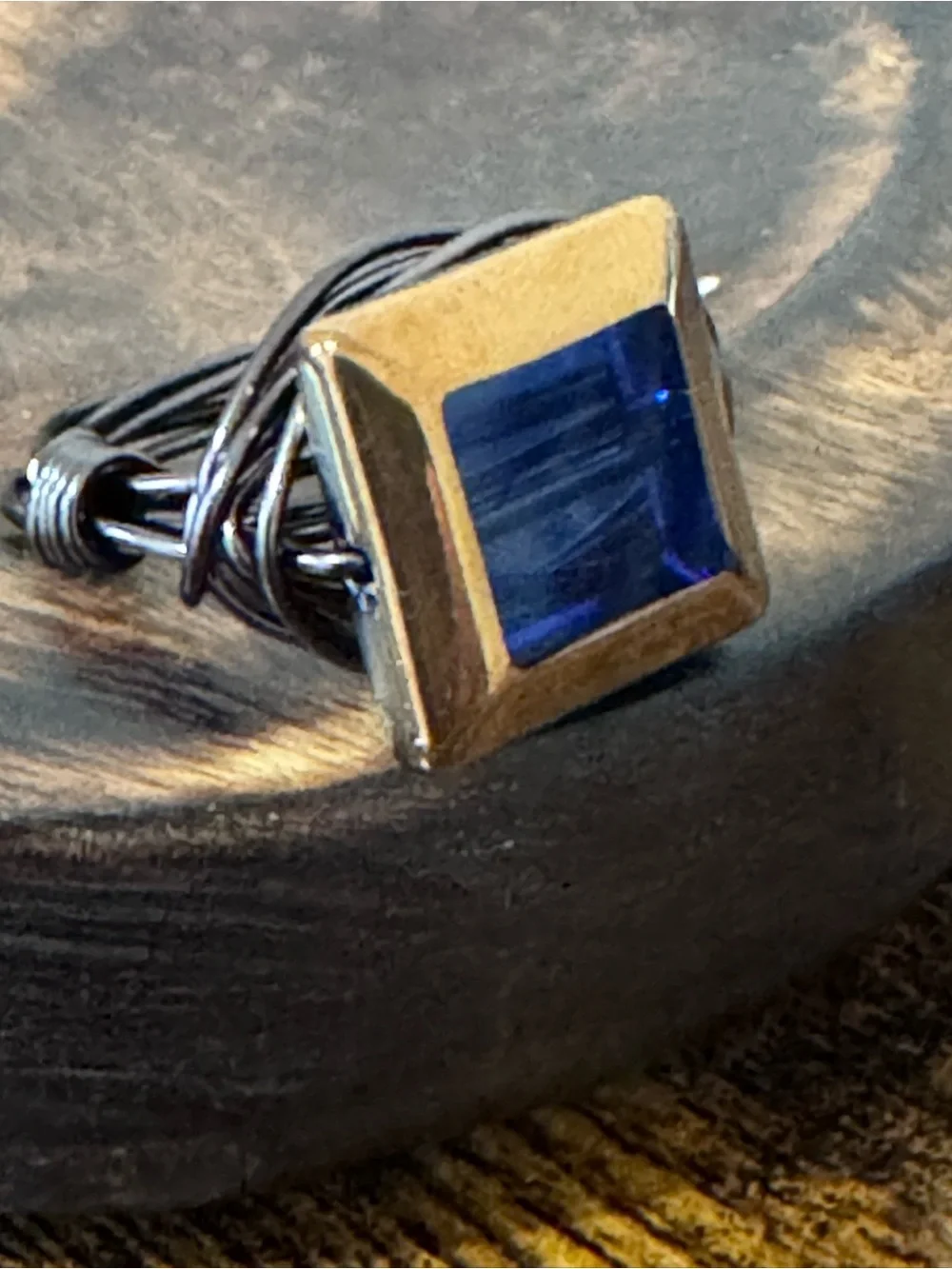 Artisan Gold-Tone Ring with Deep Blue Square Gem